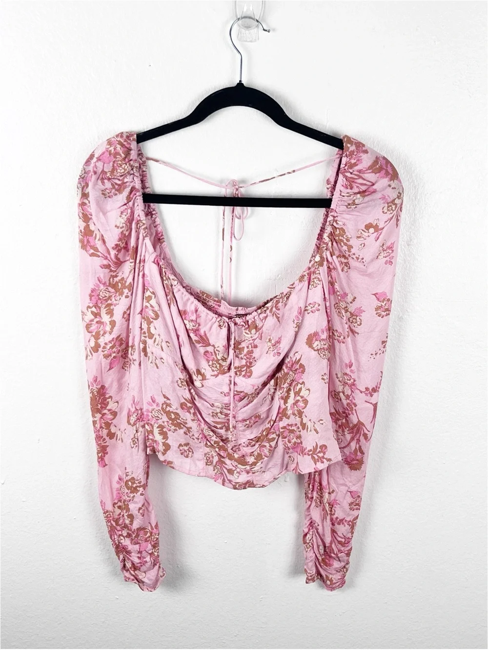 FREE PEOPLE Hilary Pink Floral Tie Closures Ruched Front Puff Sleeves Top Small